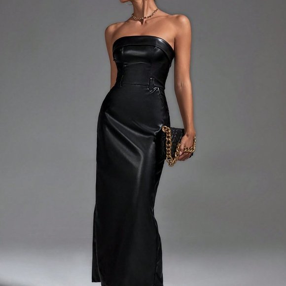 Black Preppy Womens Solid PU Tube Dress - Picture 5 of 6